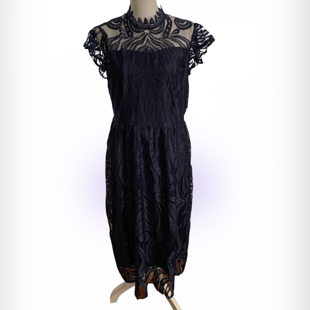 JJs House Navy Blue Lace Midi Dress with Illusion Neckline